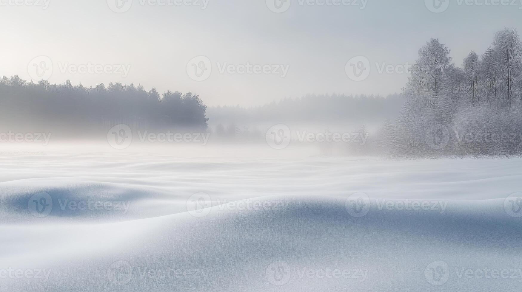 A foggy winter landscape with snow-covered fields and a distant forest barely visible through the mist photo