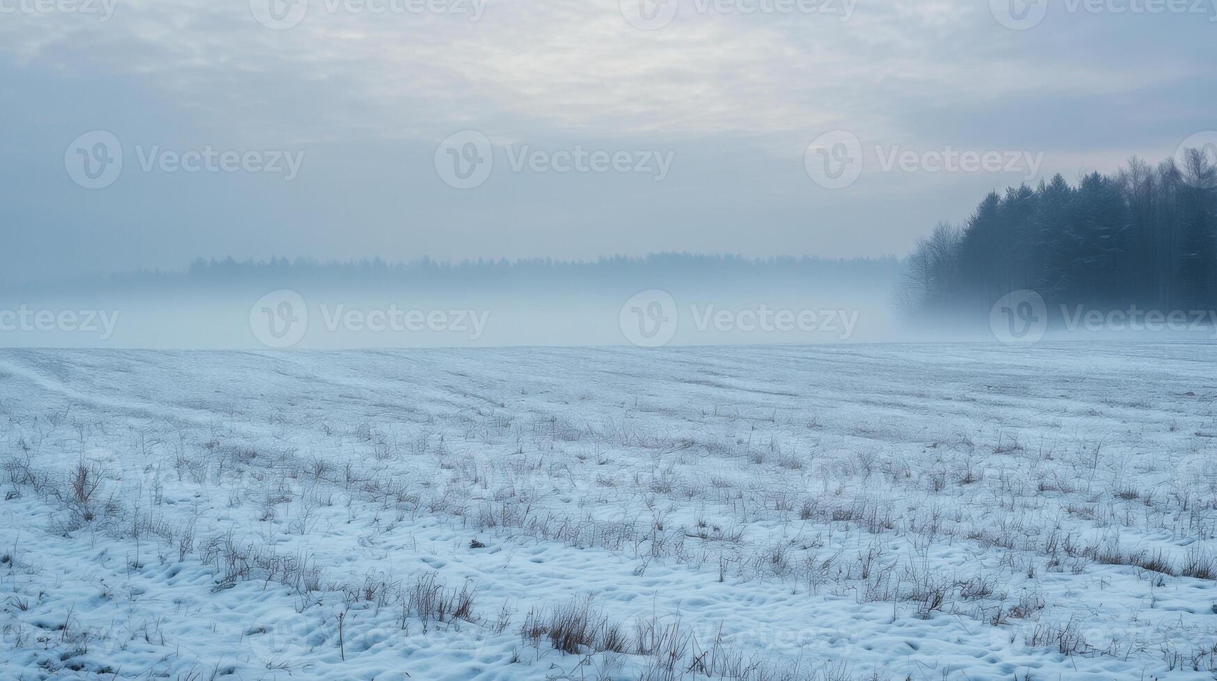 A foggy winter landscape with snow-covered fields and a distant forest barely visible through the mist photo