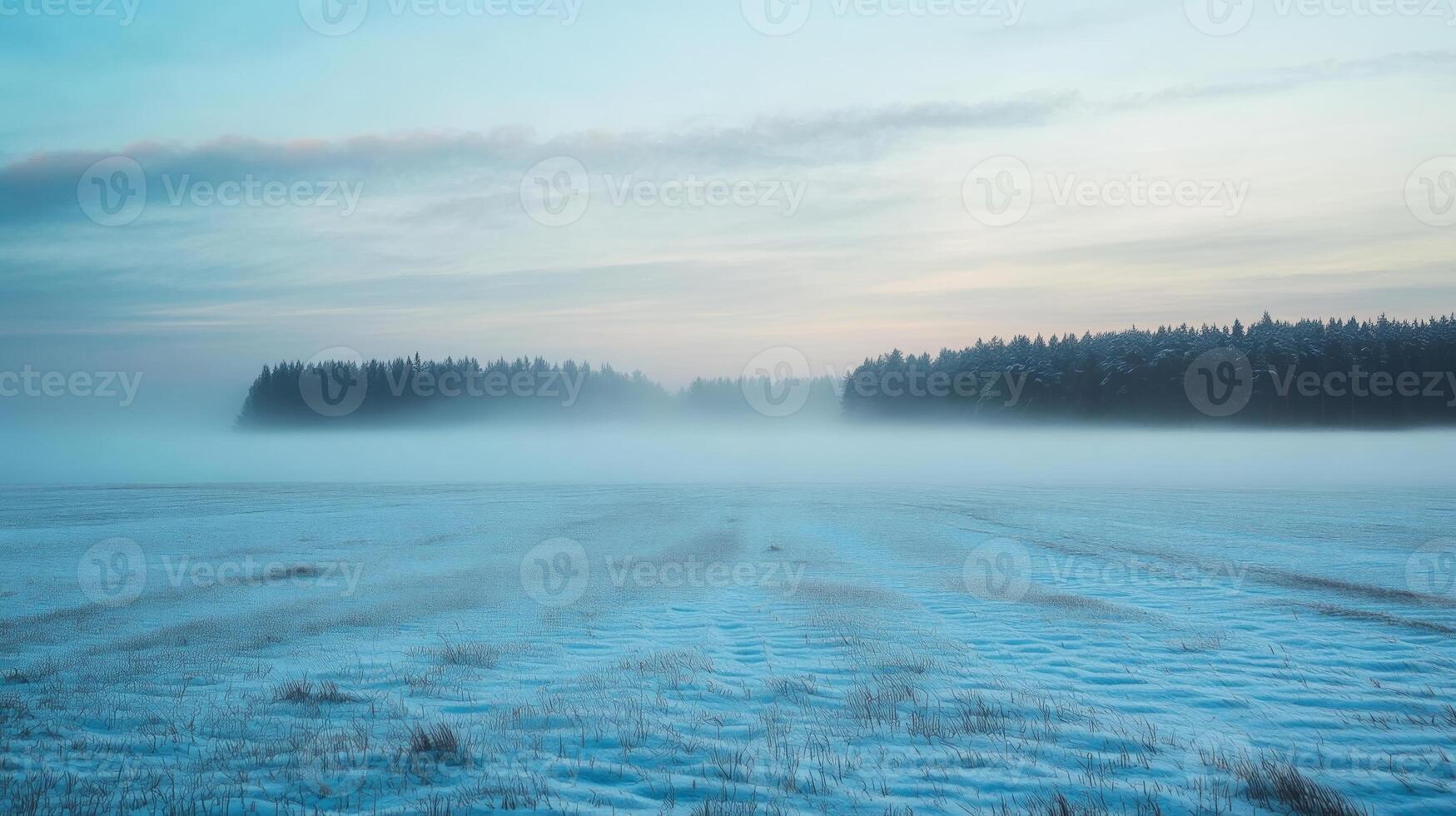 A foggy winter landscape with snow-covered fields and a distant forest barely visible through the mist photo