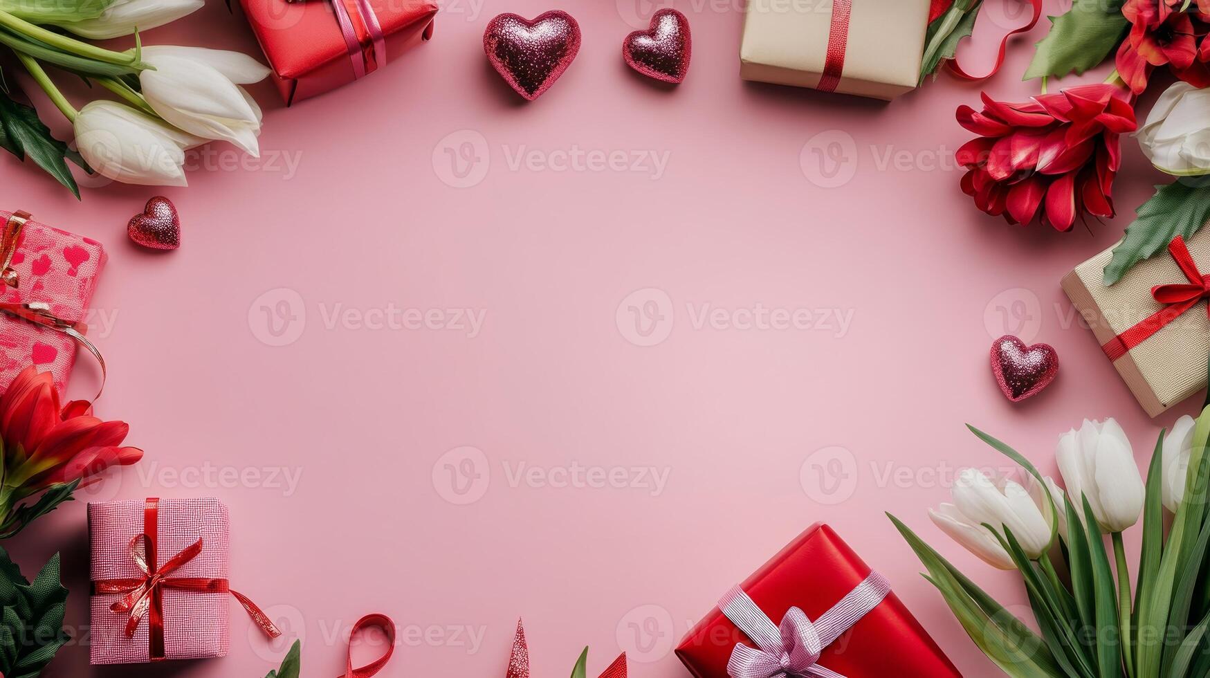 Flat lay of Valentine's gifts and flowers along the edges of a pink table, creating a balanced composition with blank space photo
