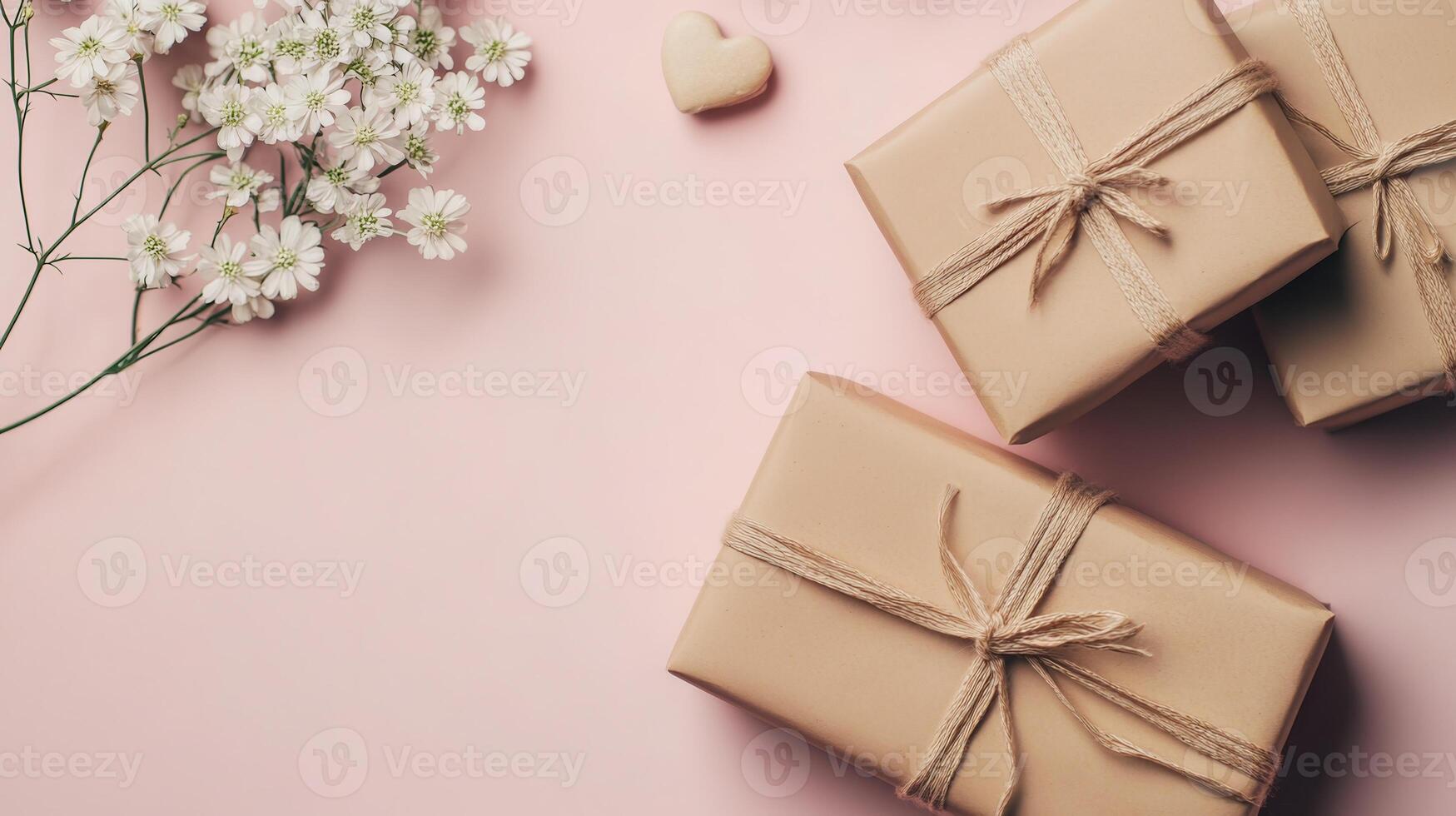 Flat lay of wrapped presents and delicate flowers on a pastel pink surface, creating a romantic Valentine's Day atmosphere photo