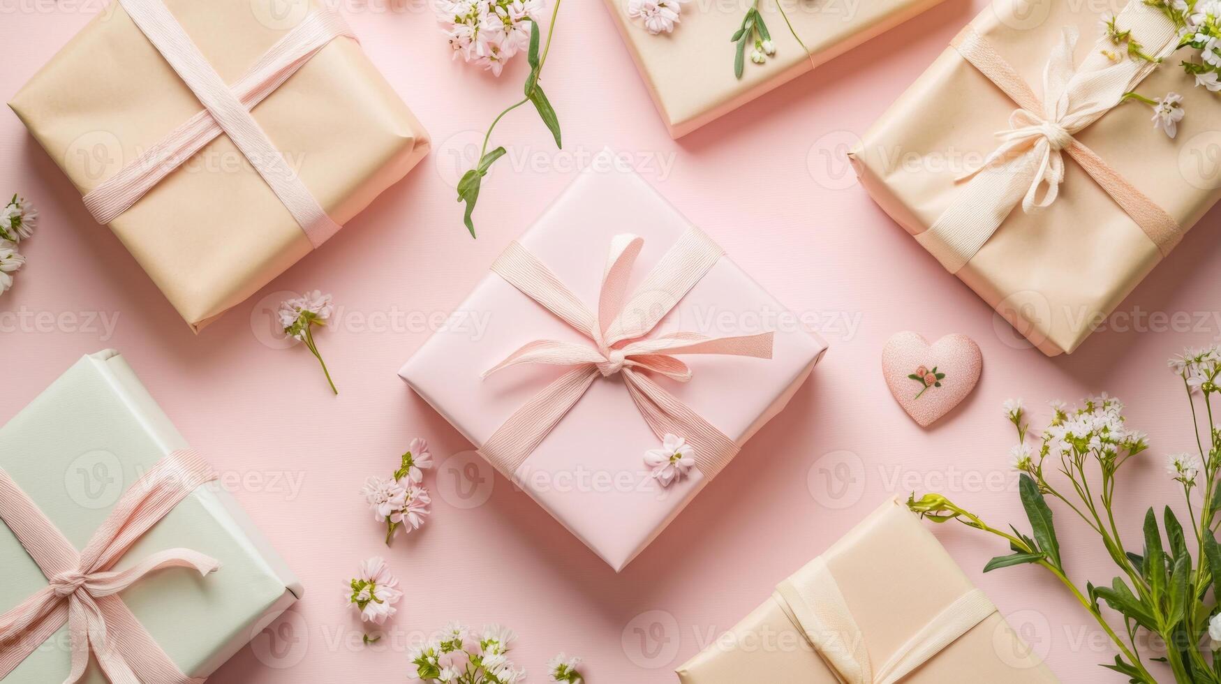 Flat lay of wrapped presents and delicate flowers on a pastel pink surface, creating a romantic Valentine's Day atmosphere photo