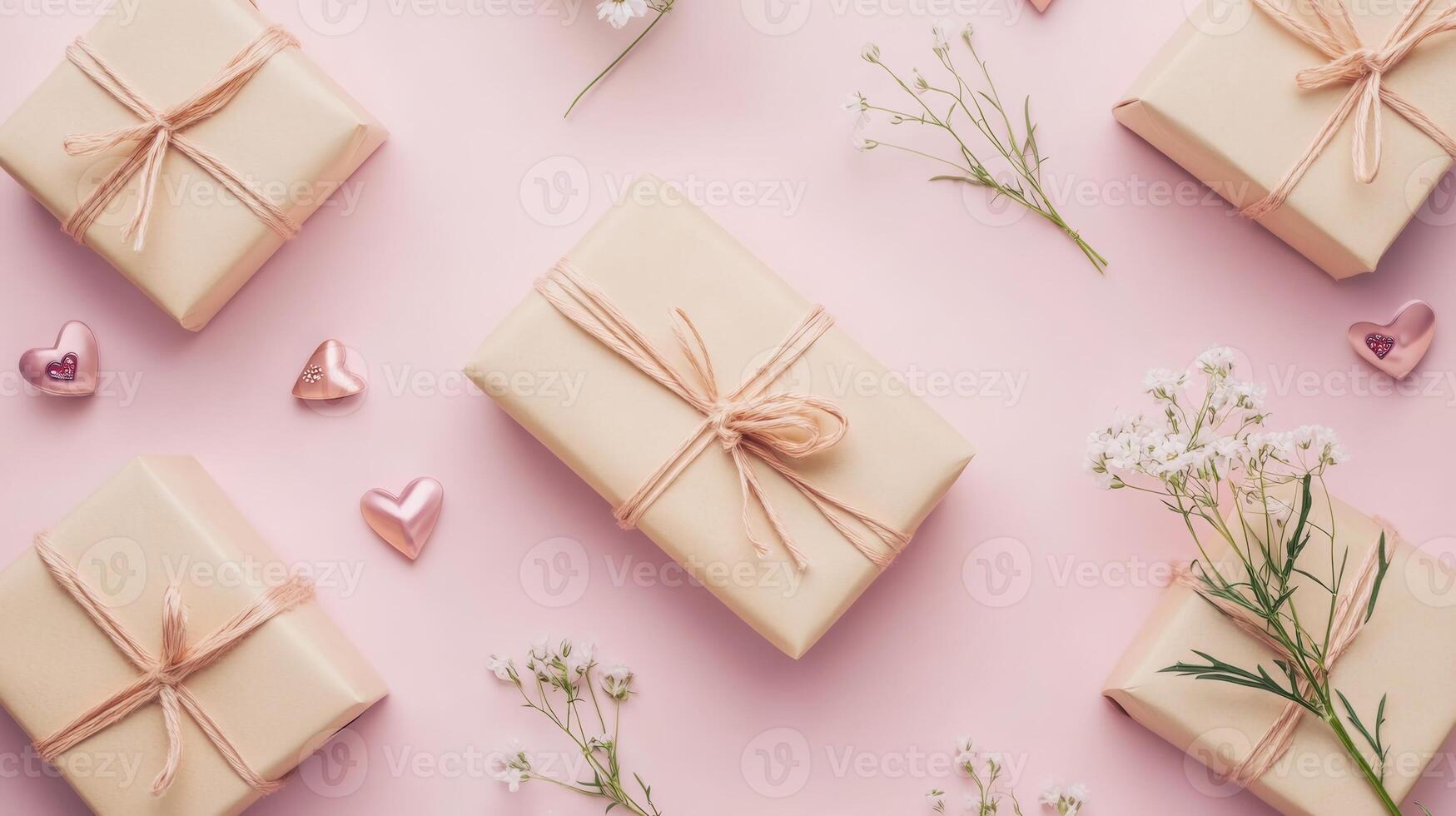 Flat lay of wrapped presents and delicate flowers on a pastel pink surface, creating a romantic Valentine's Day atmosphere photo