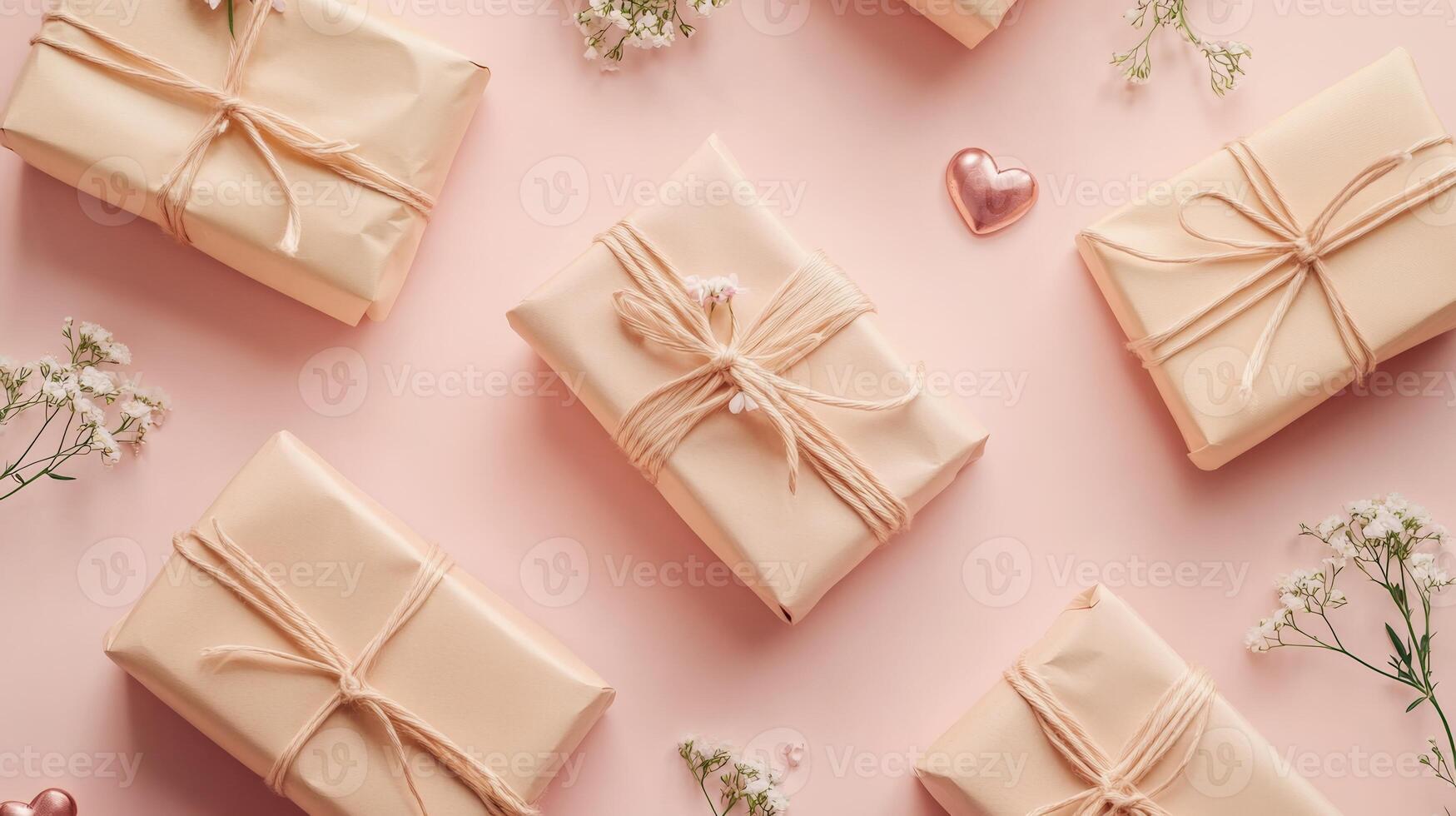 Flat lay of wrapped presents and delicate flowers on a pastel pink surface, creating a romantic Valentine's Day atmosphere photo
