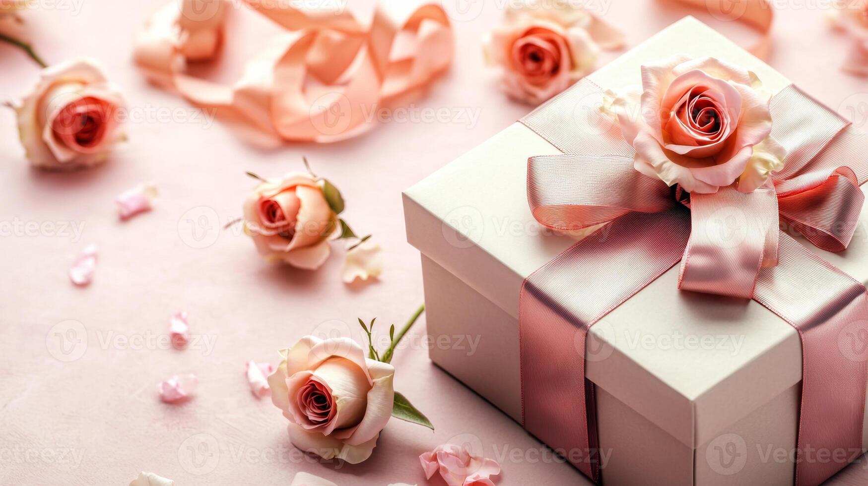 Gift boxes with ribbons and roses scattered on a light pink surface, with plenty of open space for text photo
