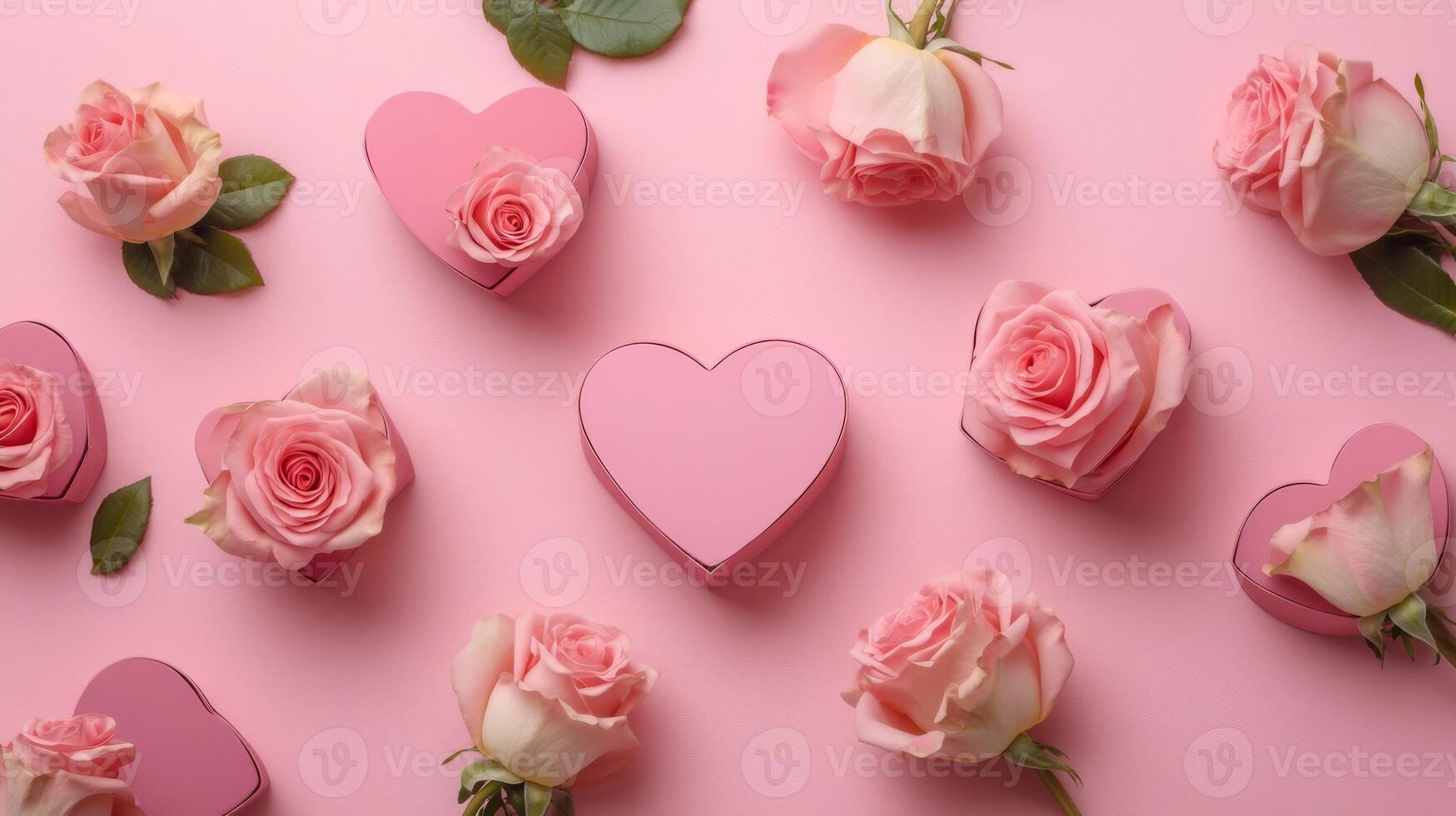 Heart-shaped boxes and pink roses laid out beautifully on a pink background, leaving a large area for text in the center photo