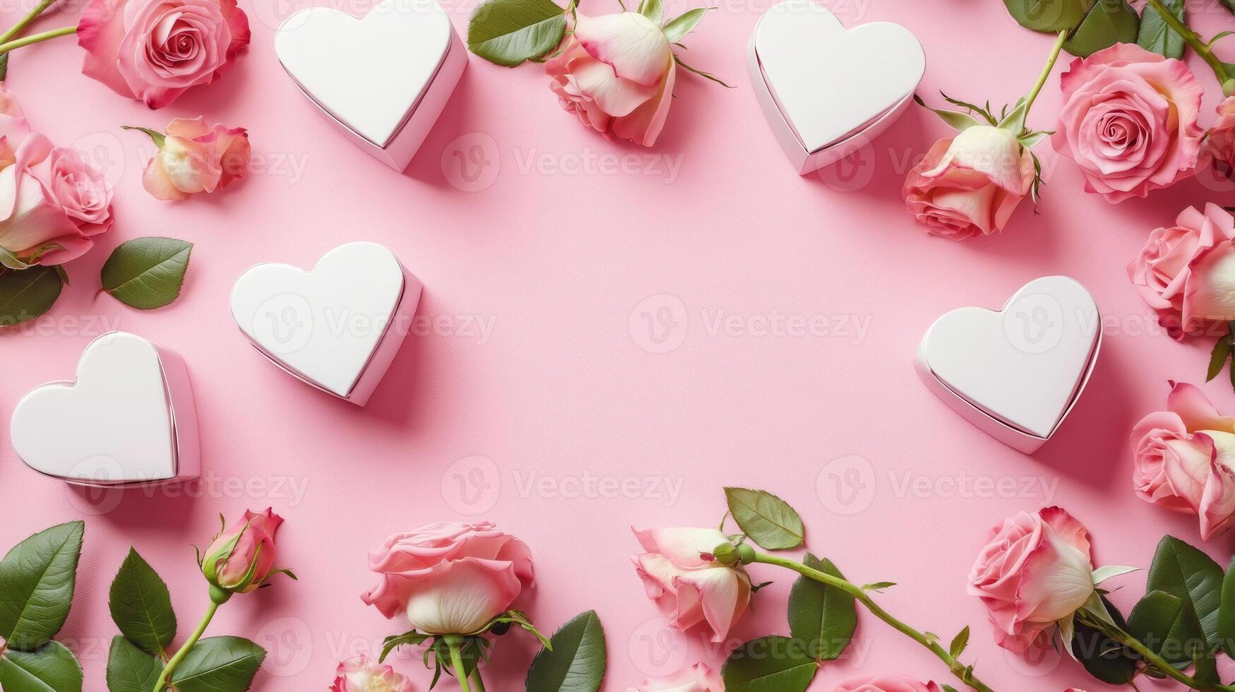 Heart-shaped boxes and pink roses laid out beautifully on a pink background, leaving a large area for text in the center photo