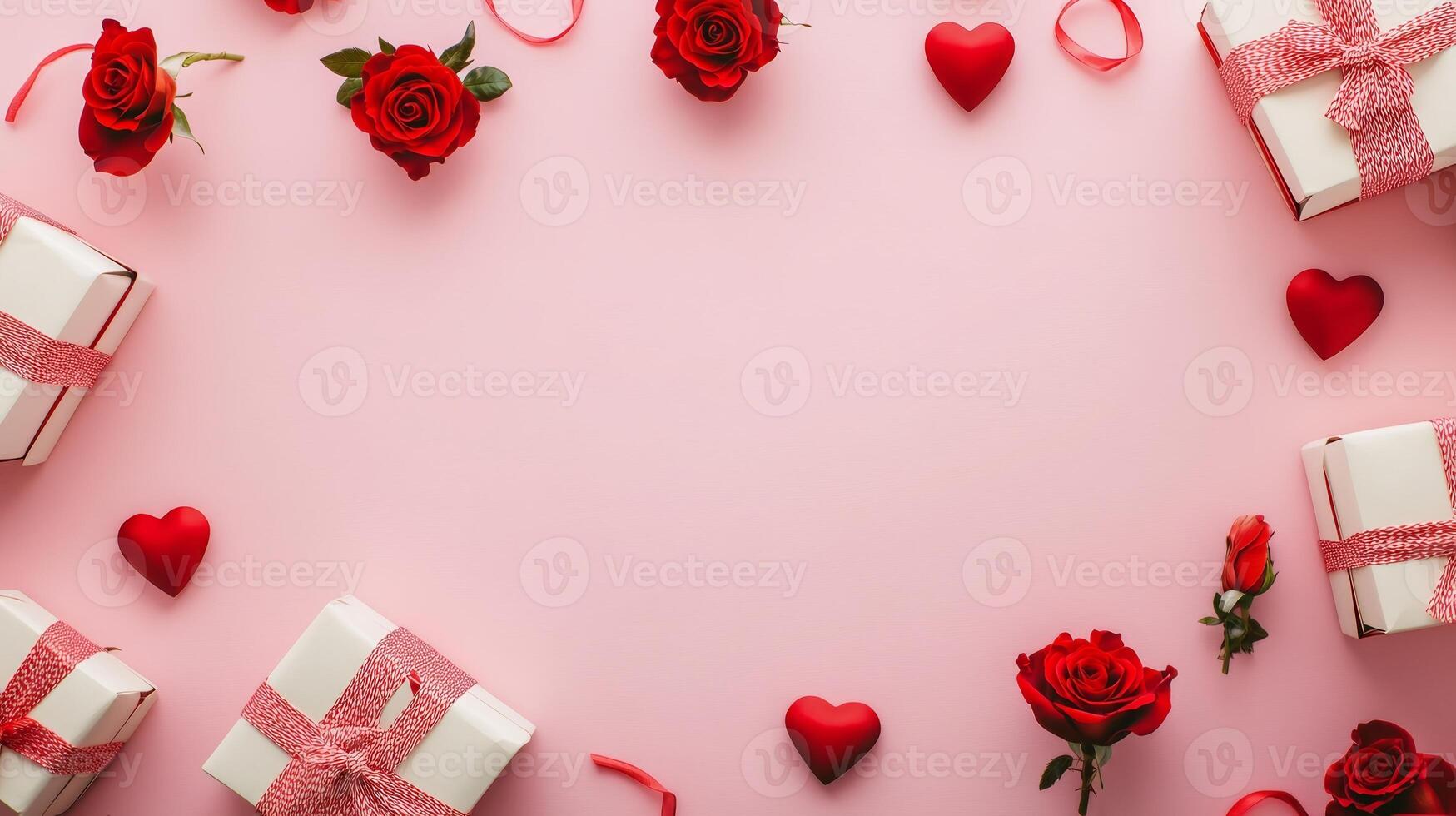 Heart-themed gift boxes and roses scattered around the edges of a pink background, leaving space for text in the center photo