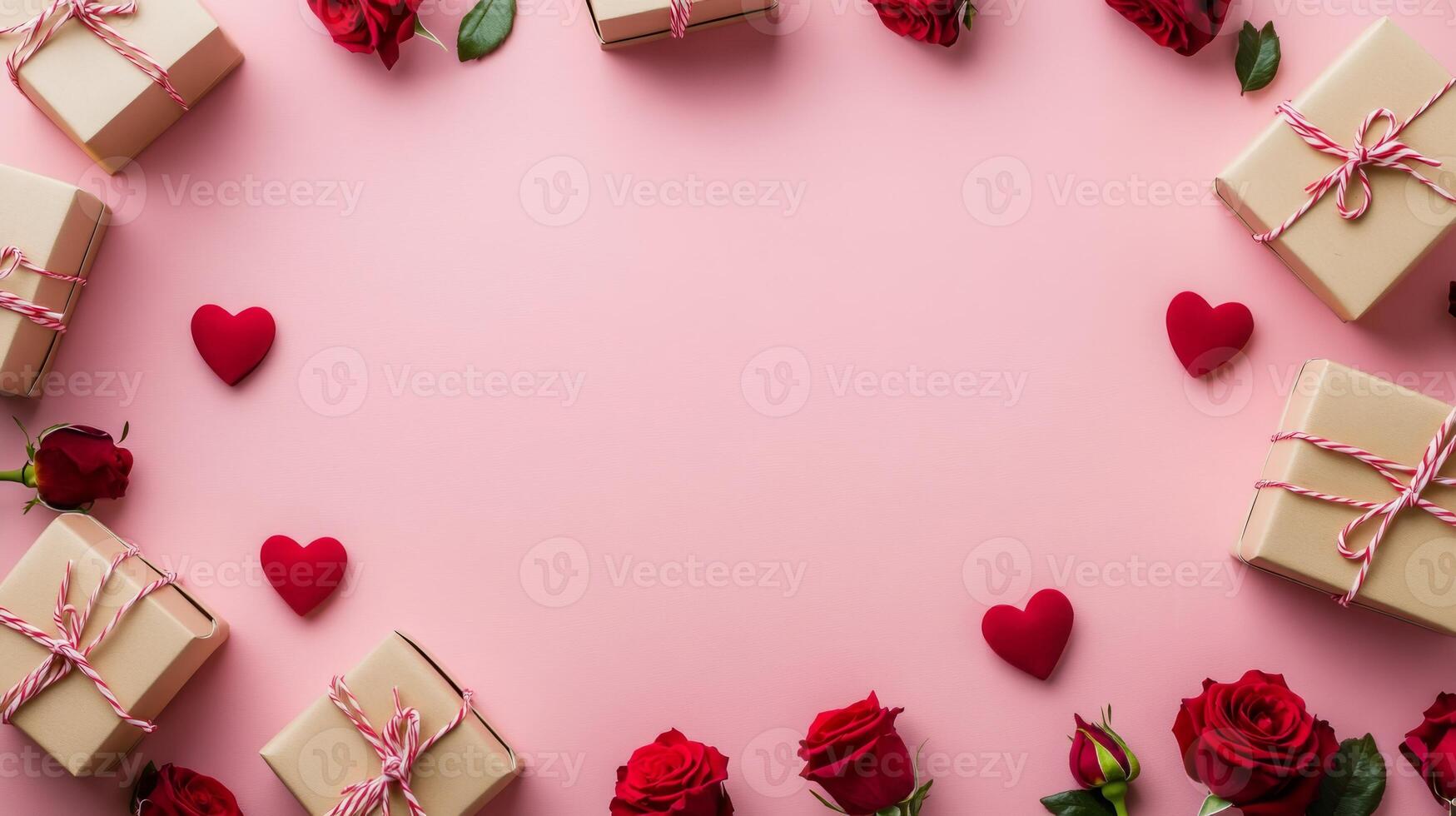 Heart-themed gift boxes and roses scattered around the edges of a pink background, leaving space for text in the center photo