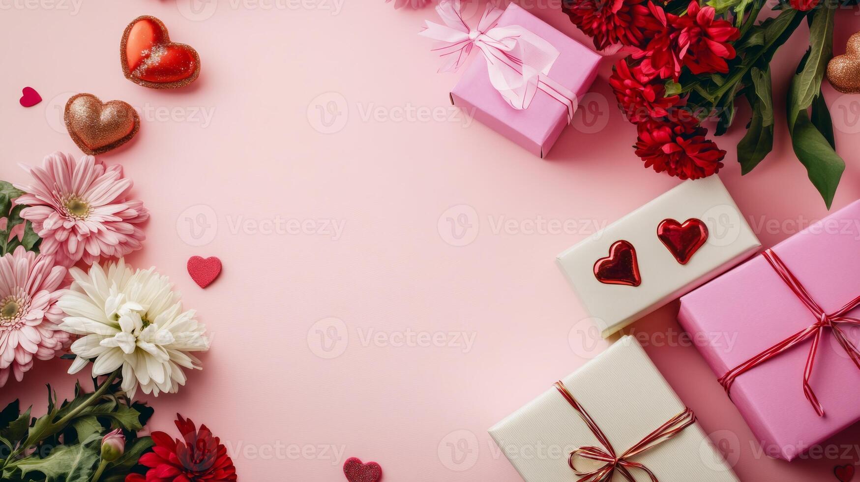 Minimalist flat lay of flowers and Valentine's gift boxes on a pink table, clean and simple with space for text photo