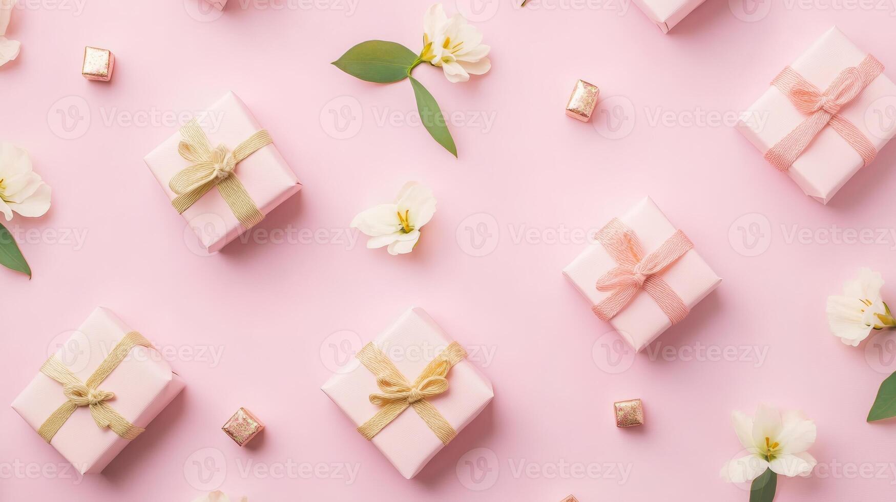 Top view of a pastel pink background with flowers and small gifts placed randomly, a clean and minimal flat lay design photo