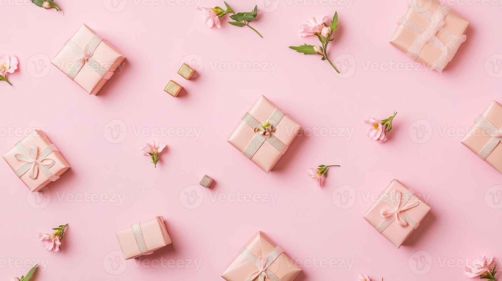 Top view of a pastel pink background with flowers and small gifts placed randomly, a clean and minimal flat lay design photo