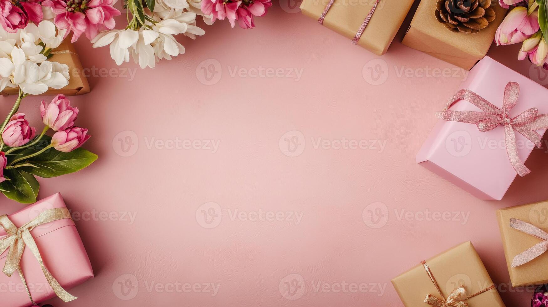 Top view of a pink table with elegant flowers and gift boxes placed on one side, blank space for text on the other photo