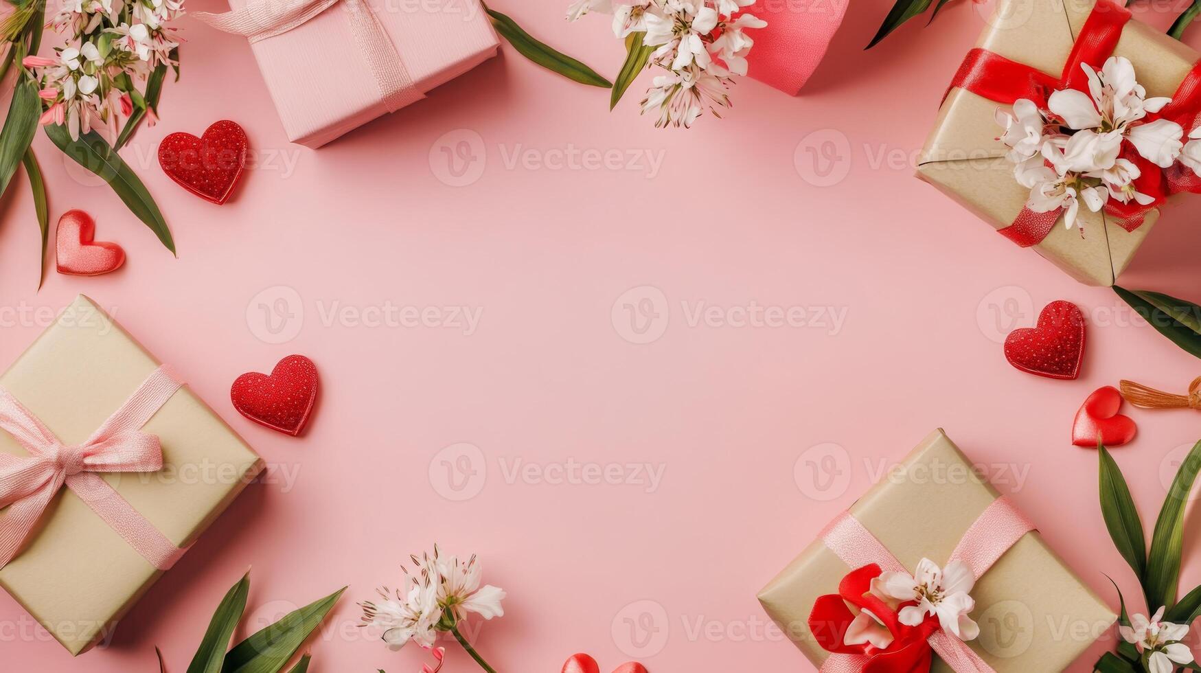 Top view of a romantic Valentine's flat lay with elegant gifts and delicate flowers, centered on a pink background with room for copy space photo