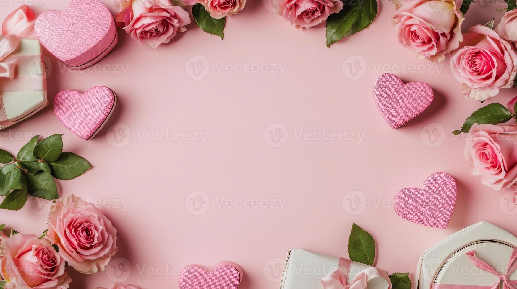 Top view of delicate pink roses and heart-shaped gift boxes placed around a pink table, with copy space in the middle photo