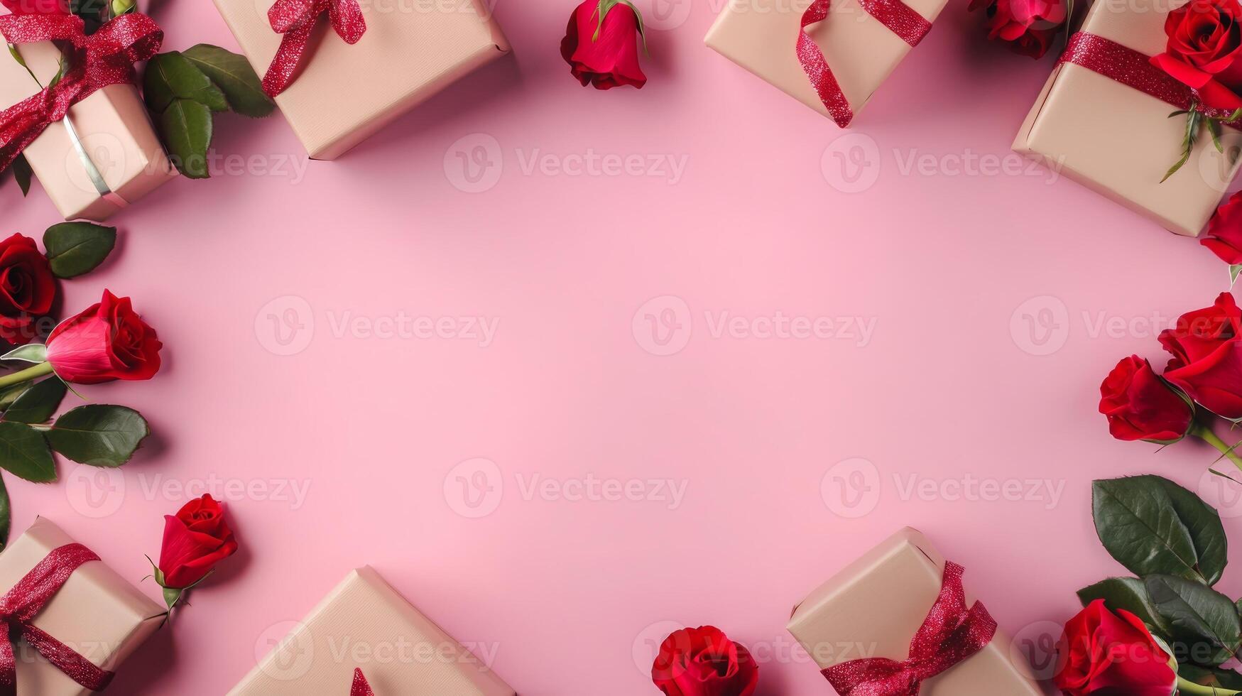 Top view of roses and gift boxes arranged on the corners of a pink table, creating a lovely frame around a central copy space photo