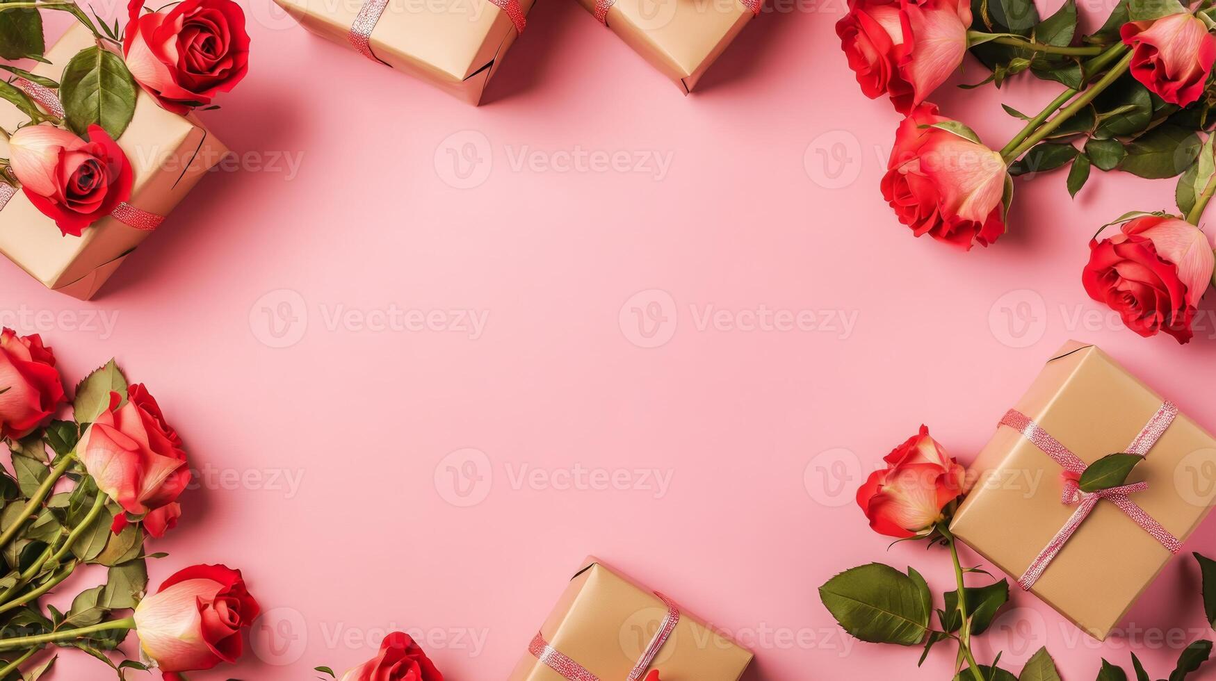 Top view of roses and gift boxes arranged on the corners of a pink table, creating a lovely frame around a central copy space photo