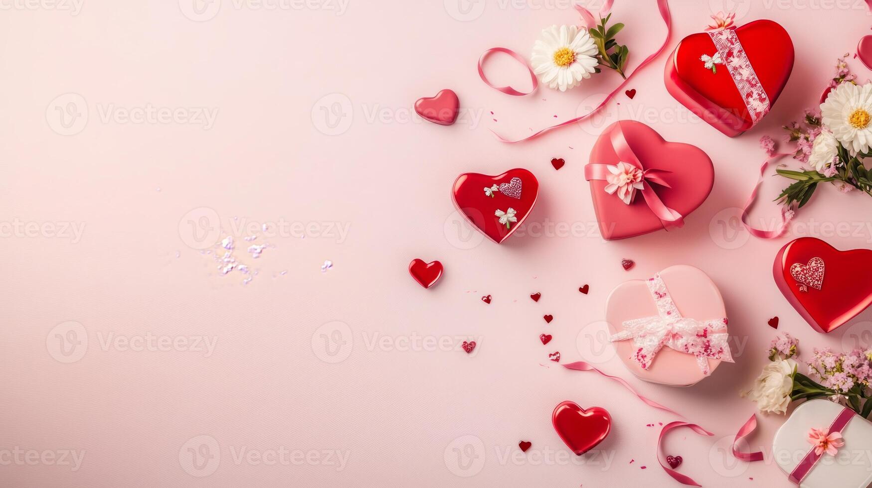Valentine's Day scene with heart-shaped gift boxes, flowers, and ribbons scattered on a soft pink background photo