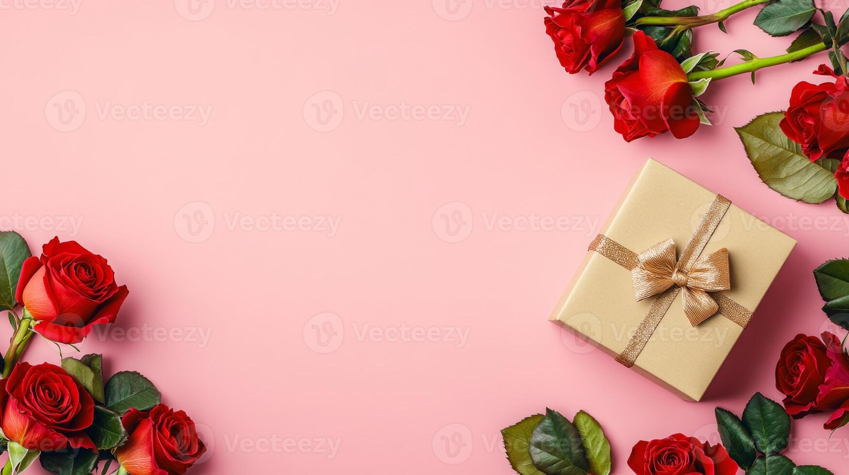 Valentine's Day flat lay with roses and a beautifully wrapped gift box in one corner of the pink background photo