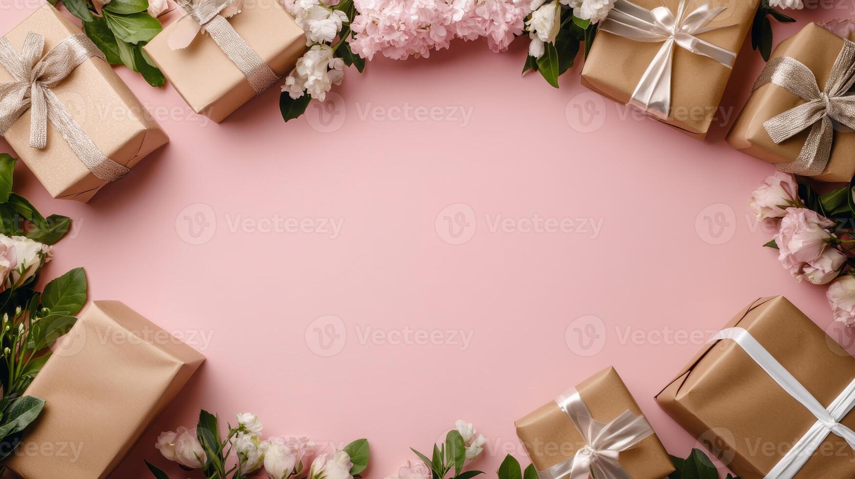 A romantic flat lay with flowers and beautifully wrapped gifts arranged along the edges of a pink table, copy space in the center photo