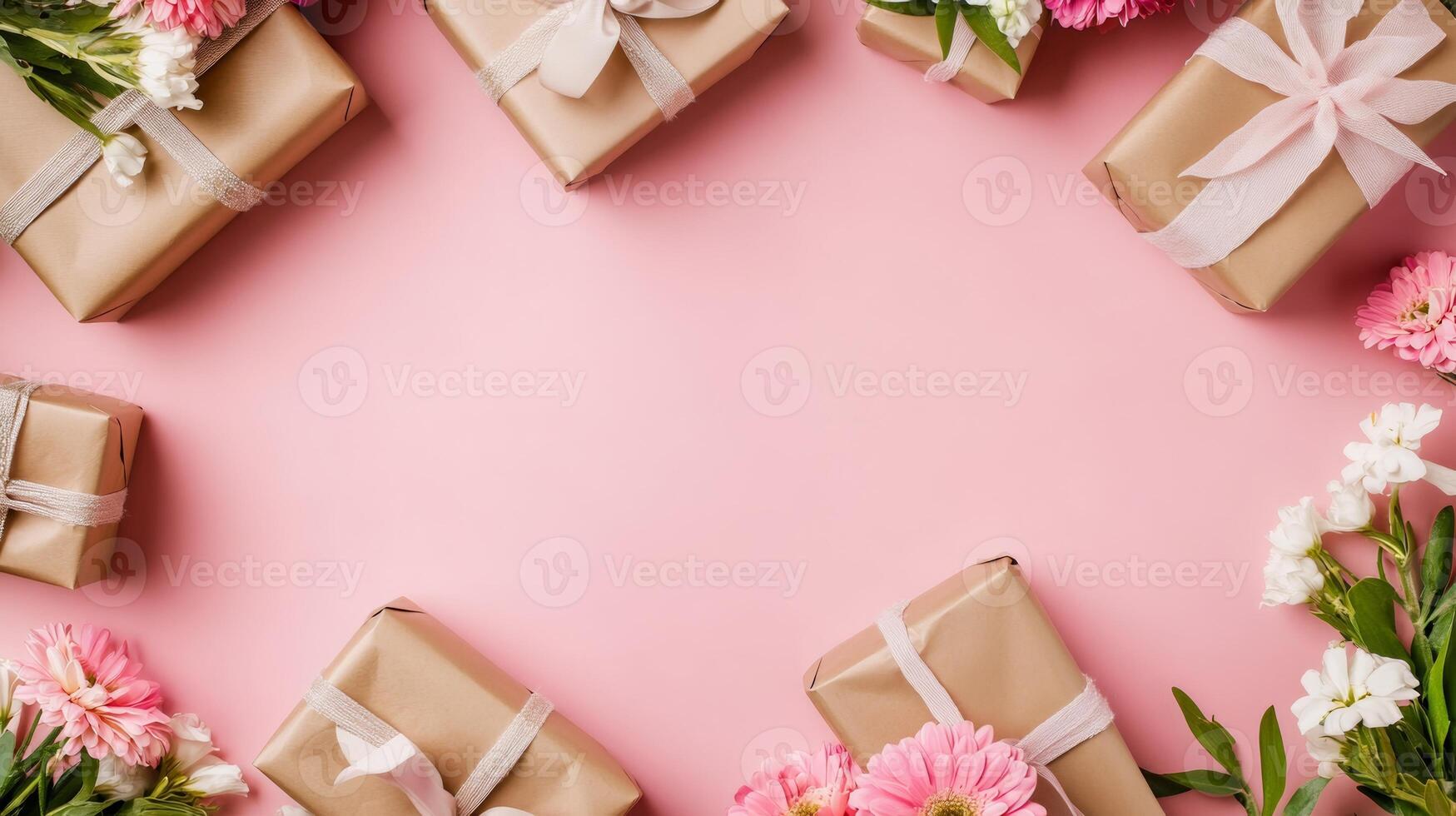 A romantic flat lay with flowers and beautifully wrapped gifts arranged along the edges of a pink table, copy space in the center photo