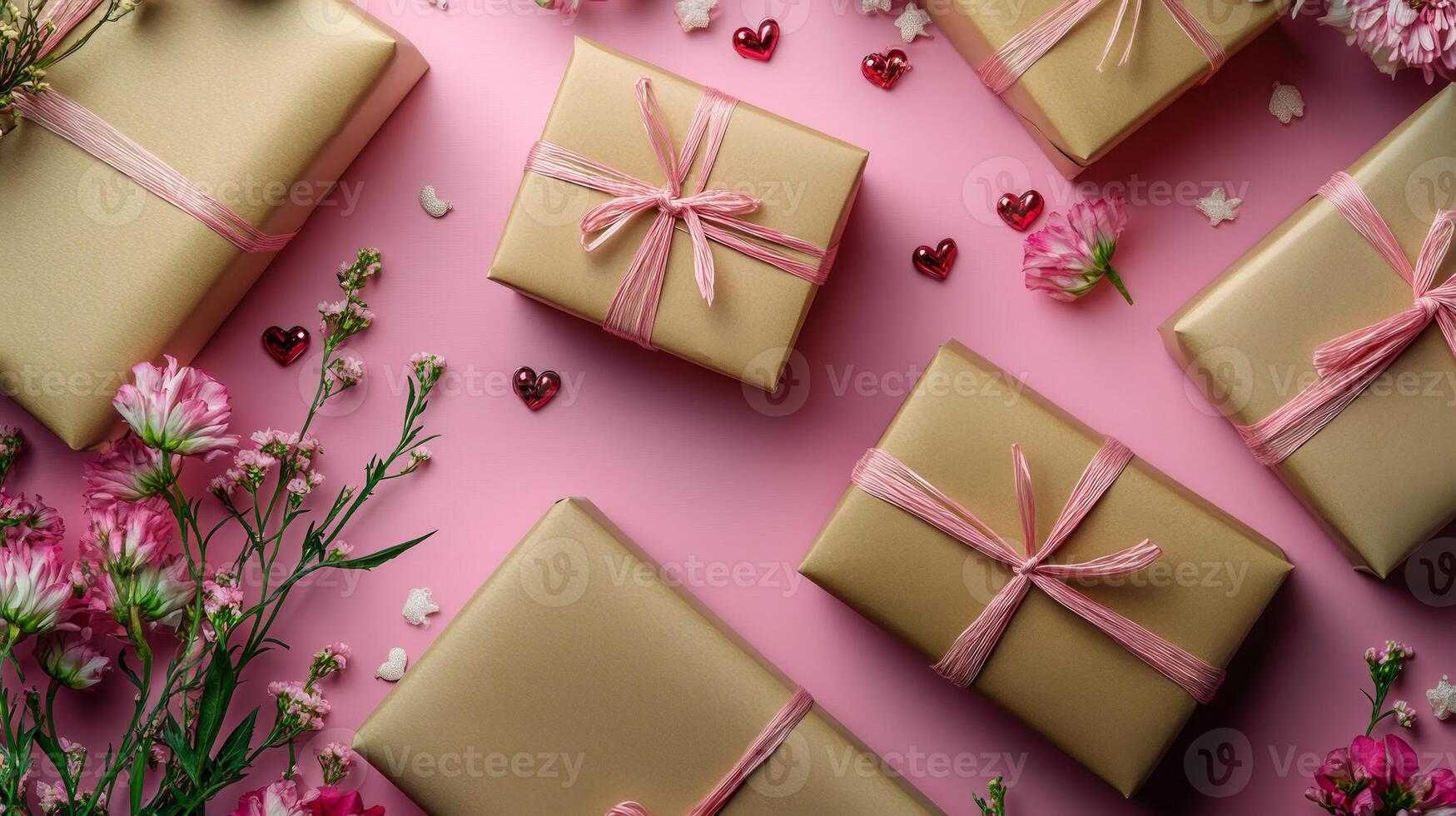 A Valentine's Day theme with gift boxes and flowers arranged on a pink table in an elegant flat lay, ample space for text photo