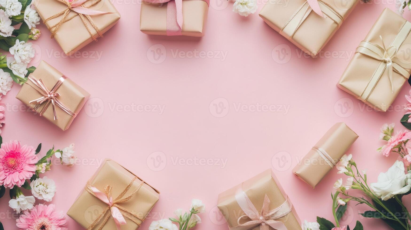 A romantic flat lay with flowers and beautifully wrapped gifts arranged along the edges of a pink table, copy space in the center photo