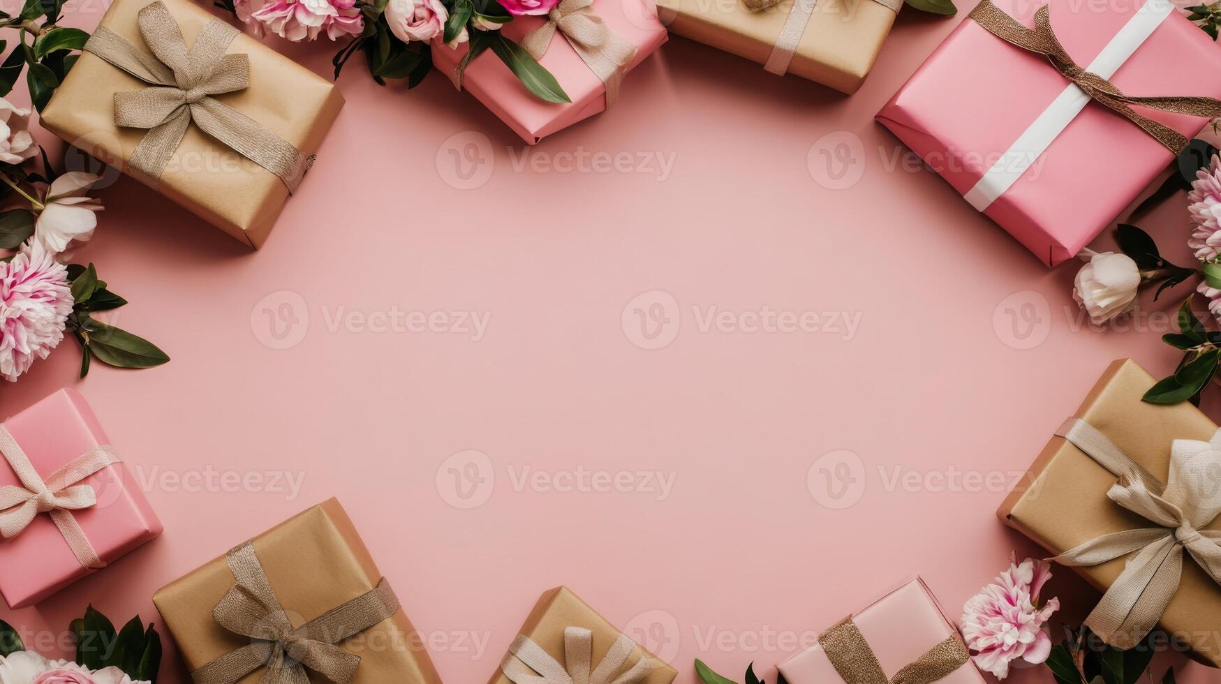 A romantic flat lay with flowers and beautifully wrapped gifts arranged along the edges of a pink table, copy space in the center photo