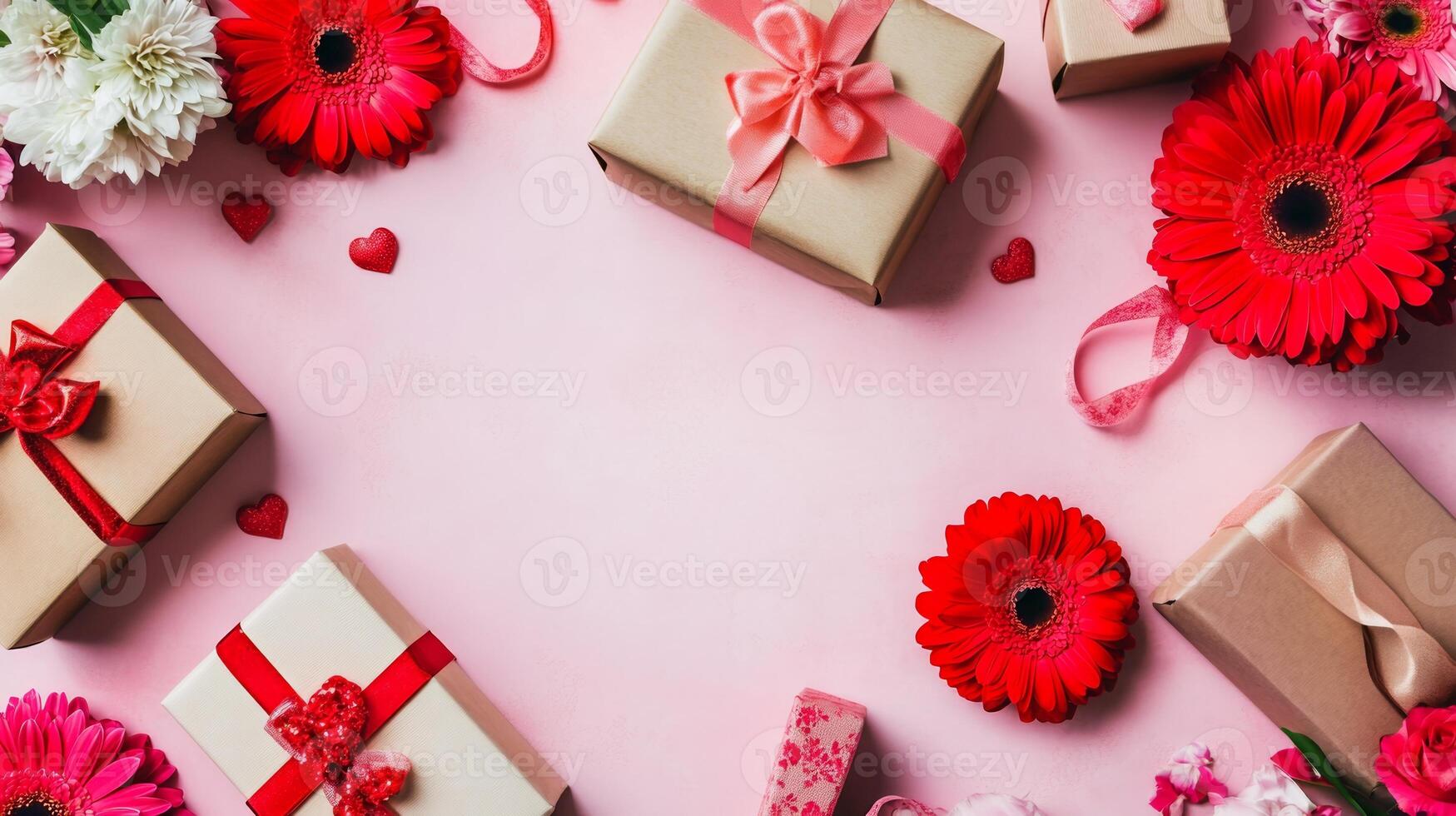 A Valentine's Day theme with gift boxes and flowers arranged on a pink table in an elegant flat lay, ample space for text photo