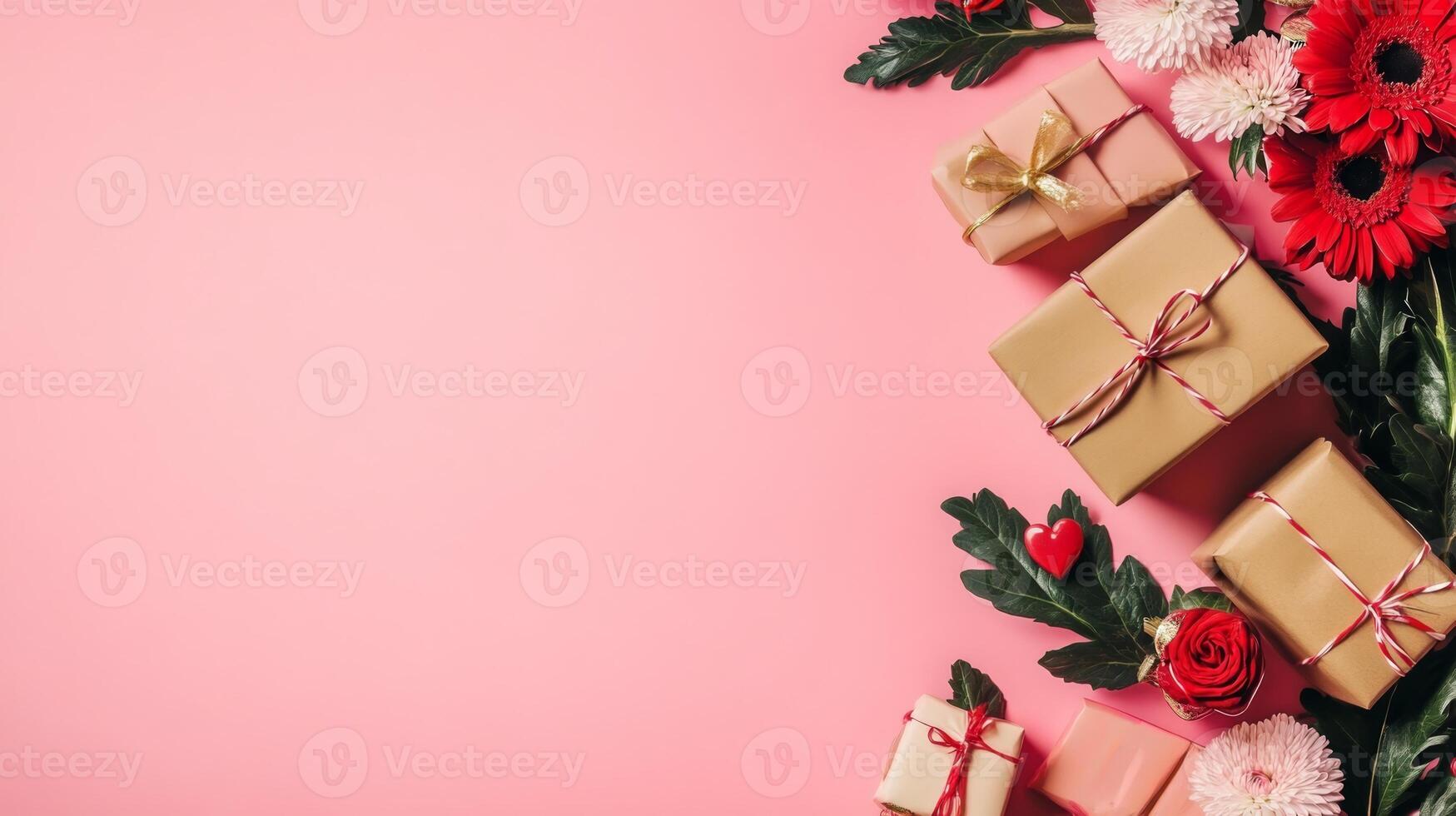Flat lay of Valentine's gifts and flowers along the edges of a pink table, creating a balanced composition with blank space photo
