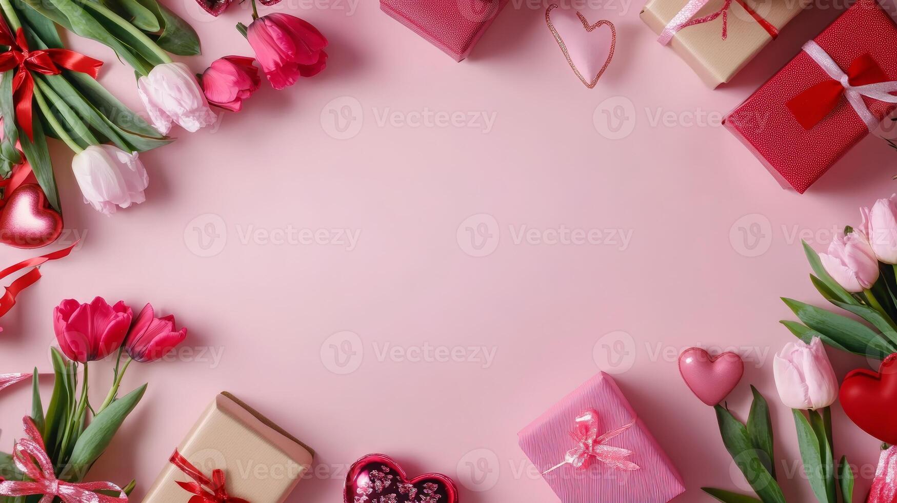 Flat lay of Valentine's gifts and flowers along the edges of a pink table, creating a balanced composition with blank space photo