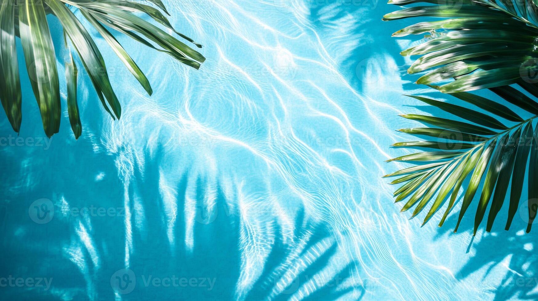 A tropical setting with aqua waves and lush leaf shadows softly playing on a bright blue pool texture photo