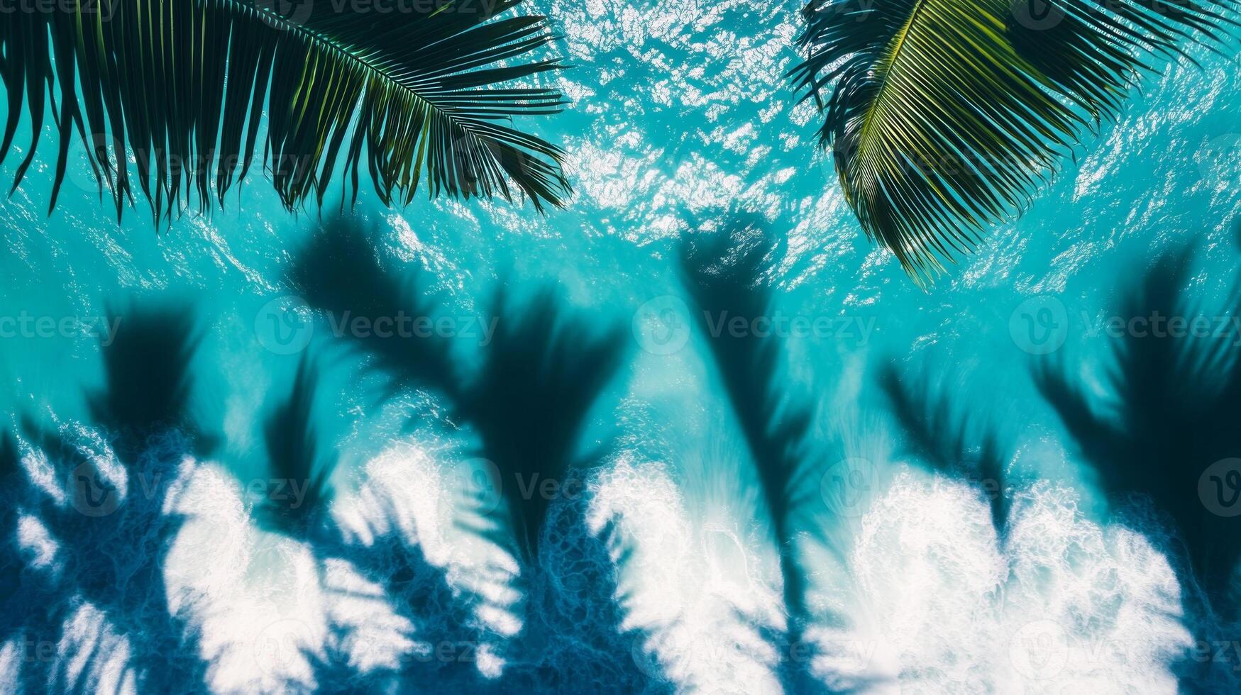Abstract top view of turquoise waves with sharp tropical leaf shadows dancing on the blue background photo