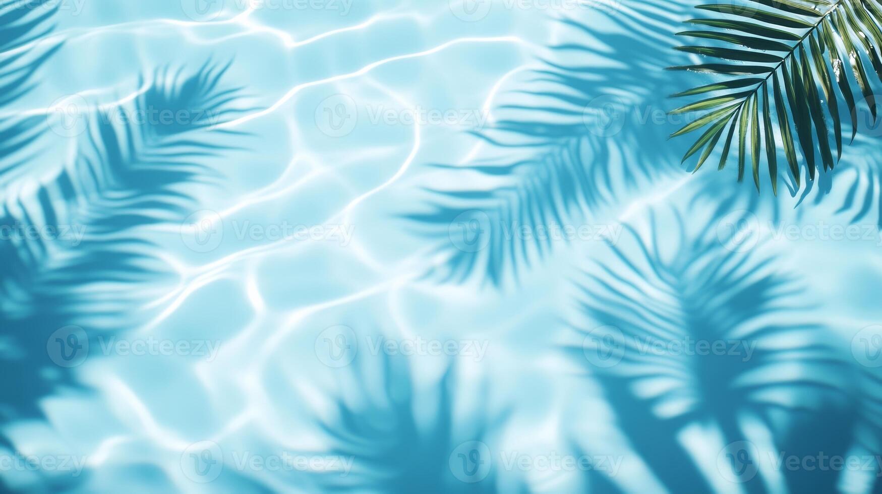 Dynamic water pool texture with soft wave ripples and overlapping tropical leaf shadows against a blue background photo