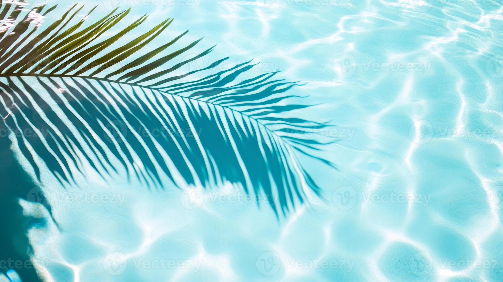 Smooth waves with a palm leaf shadow, creating a tranquil tropical atmosphere on a clear blue pool surface photo