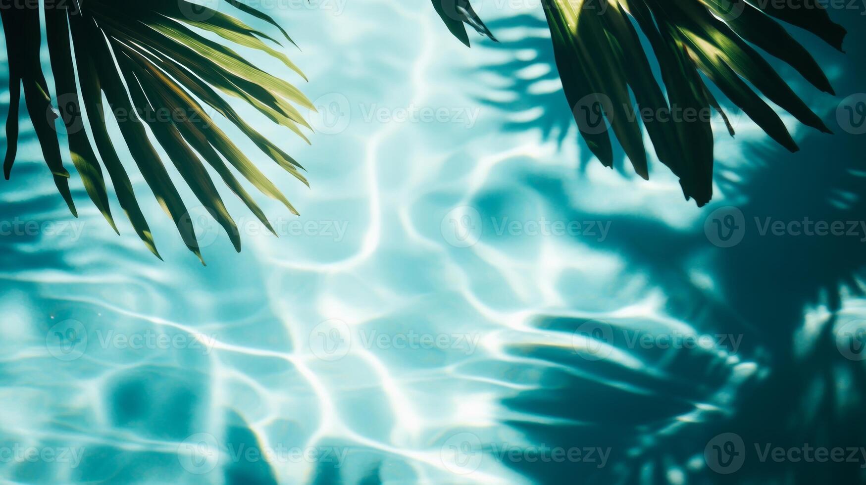 Sunlight filtering through tropical leaves, their shadows falling on soft aqua waves against a blue pool backdrop photo