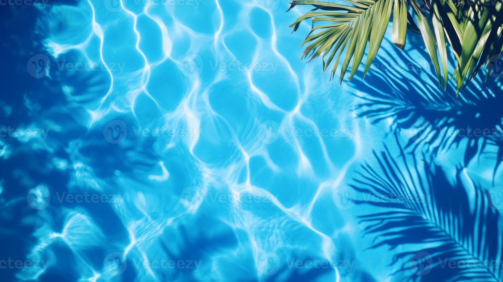 Top view of a crystal blue pool, with layered shadows of tropical foliage on the gentle wave texture photo