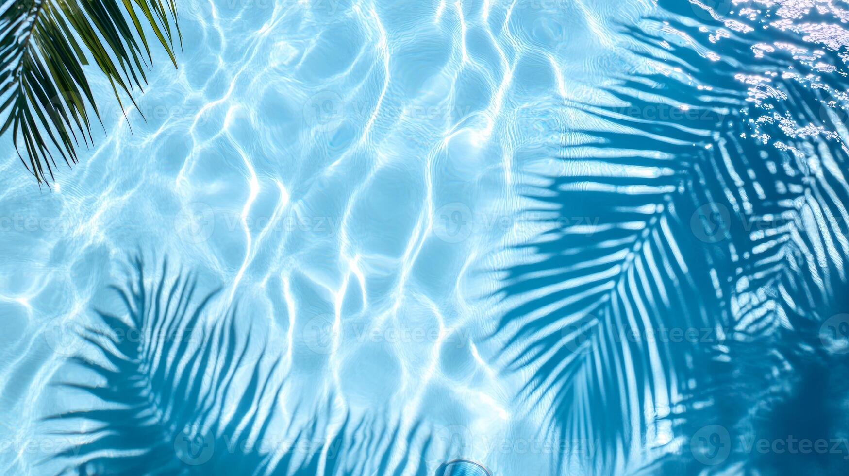 Top view of a crystal blue pool, with layered shadows of tropical foliage on the gentle wave texture photo
