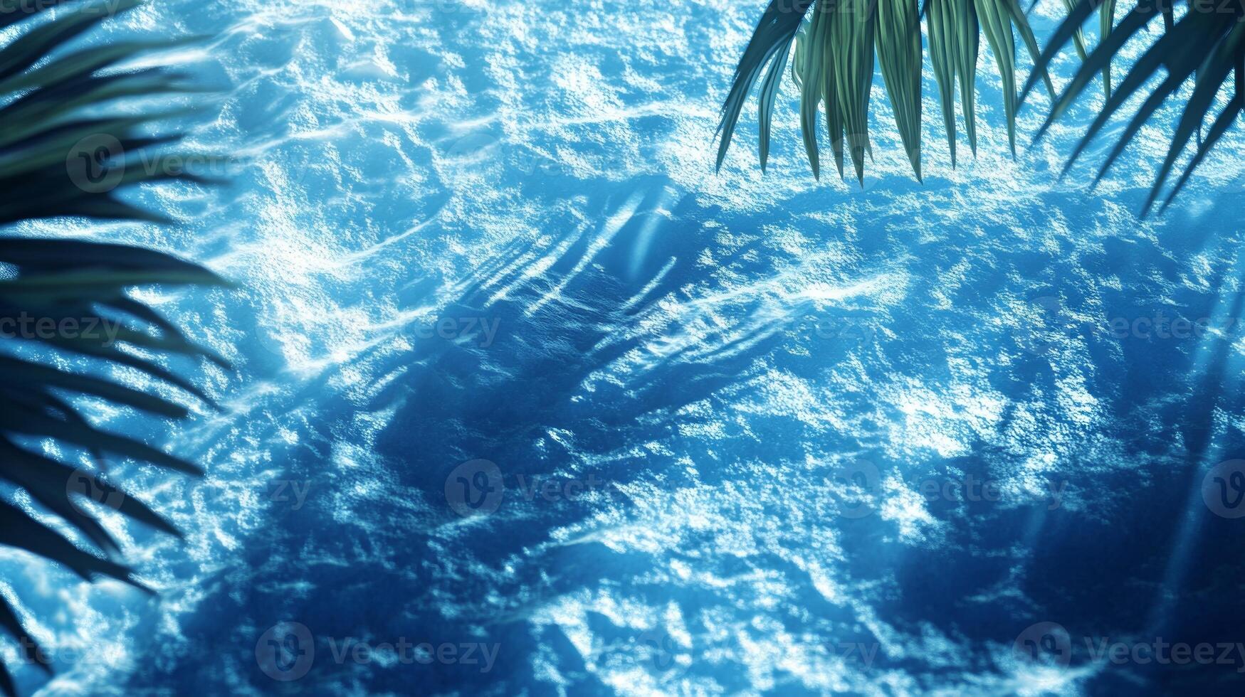 A dynamic water texture of blue waves, with sharp tropical leaf shadows enhancing the visual effect photo