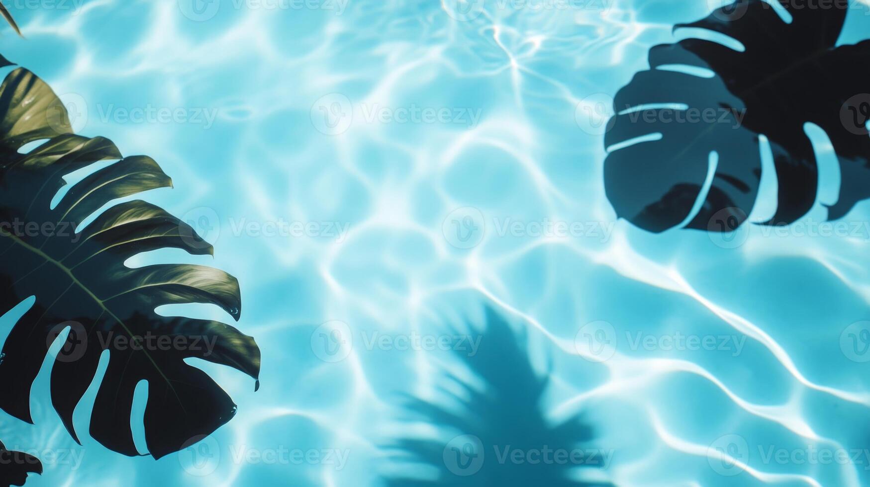 A playful combination of aqua waves and dark tropical leaf shadows contrasting against a light blue pool backdrop photo