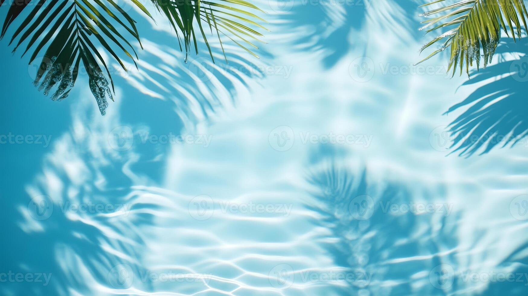A soft ripple effect in the pool water, with tropical leaf shadows creating depth on the blue background photo