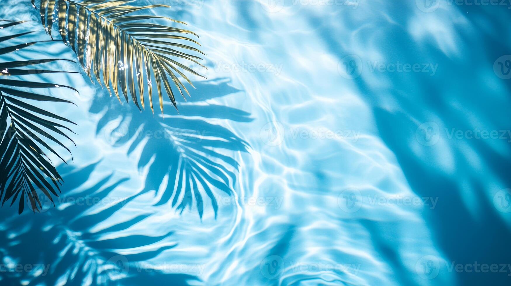A soft ripple effect in the pool water, with tropical leaf shadows creating depth on the blue background photo