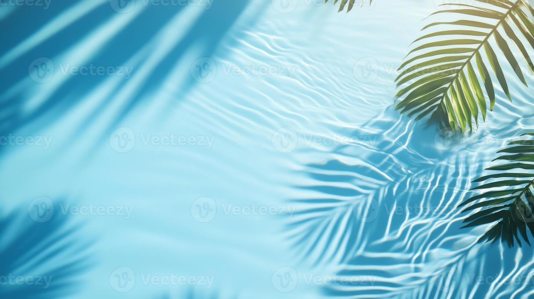 A soft ripple effect in the pool water, with tropical leaf shadows creating depth on the blue background photo