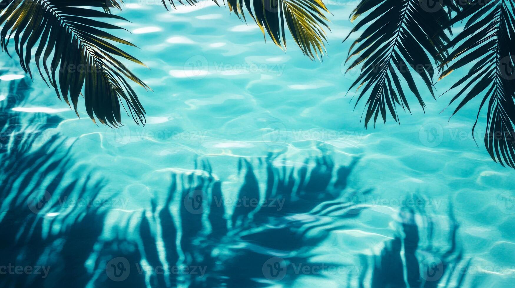 A tranquil water surface with tropical leaves casting dark shadows over bright aqua waves on a blue background photo