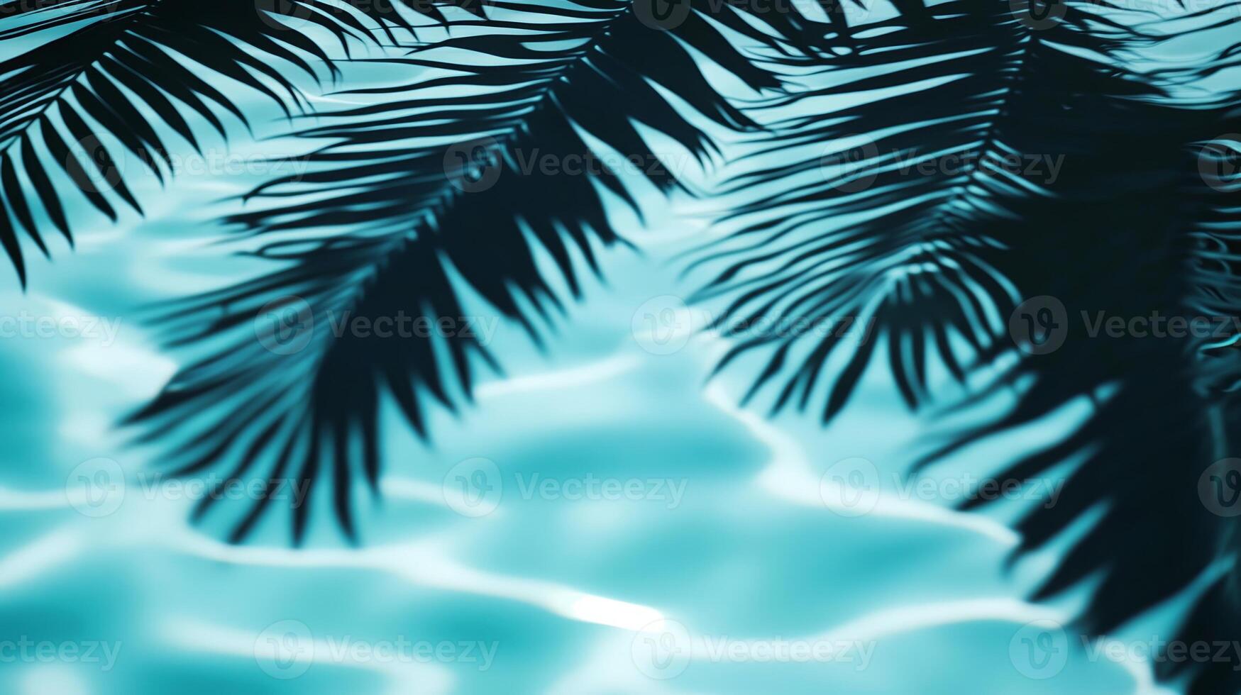 A tranquil water surface with tropical leaves casting dark shadows over bright aqua waves on a blue background photo