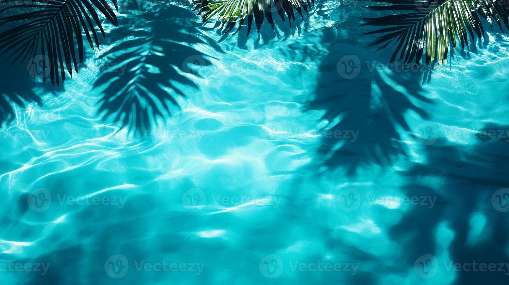 A tranquil water surface with tropical leaves casting dark shadows over bright aqua waves on a blue background photo