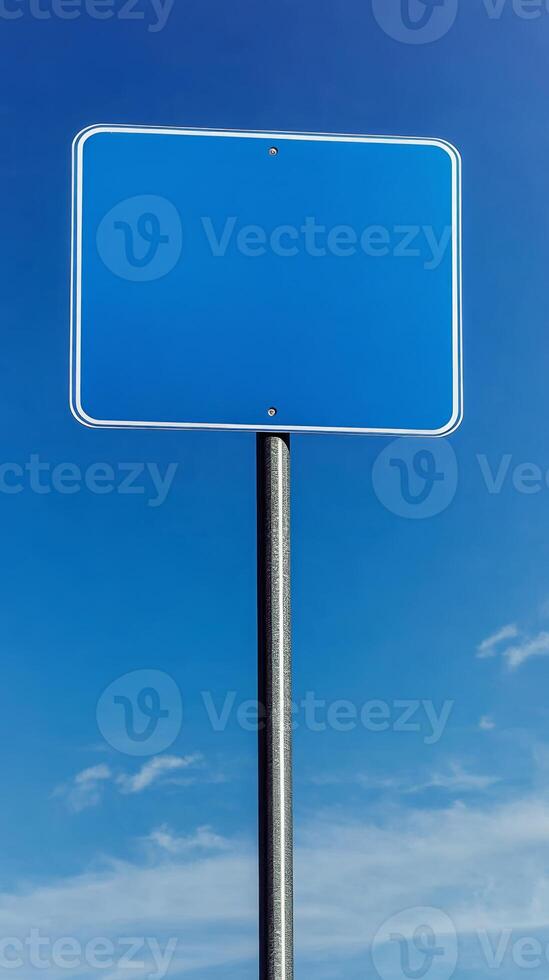 Plain blue road sign mounted high on a metal pole, no text, mockup for custom message photo