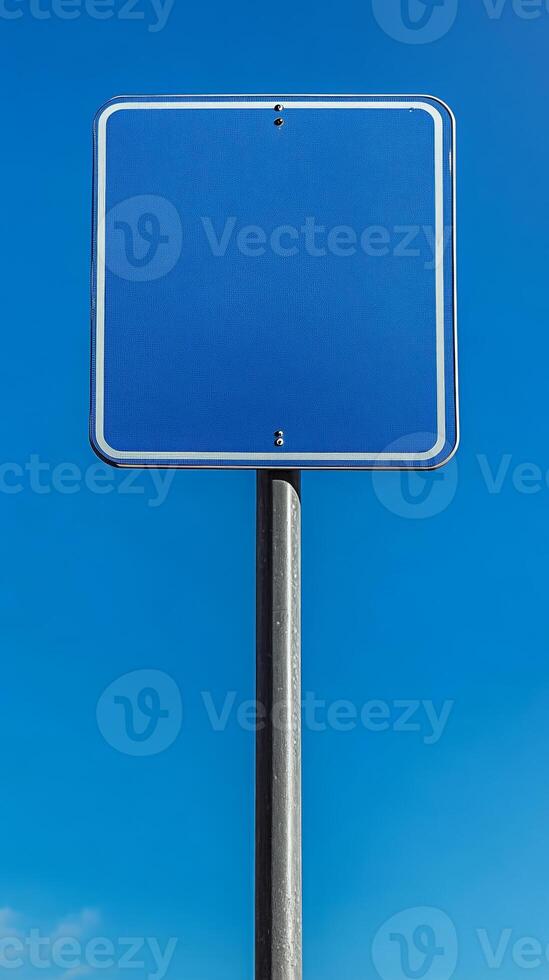 Plain blue road sign mounted high on a metal pole, no text, mockup for custom message photo