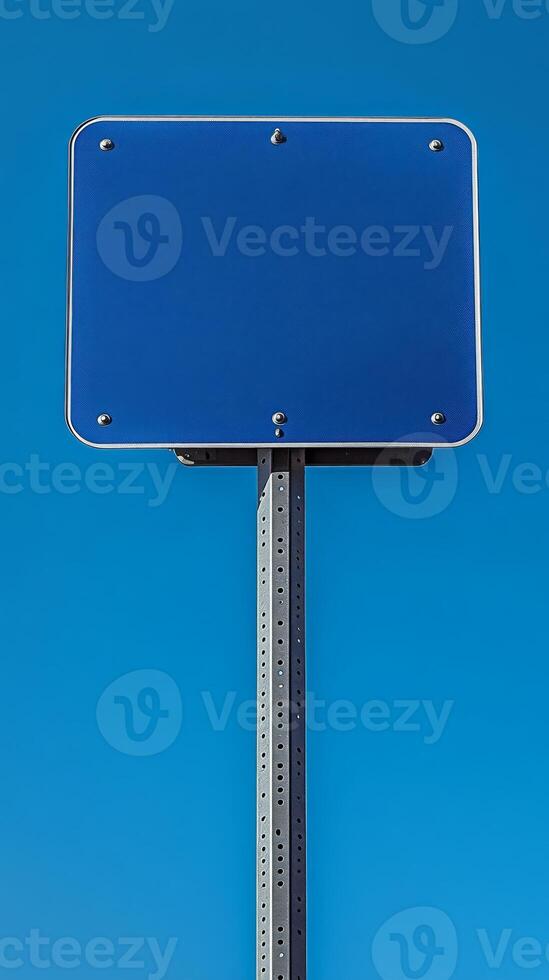 Plain blue road sign mounted high on a metal pole, no text, mockup for custom message photo