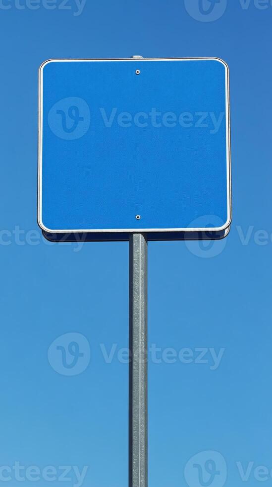 Plain blue road sign mounted high on a metal pole, no text, mockup for custom message photo